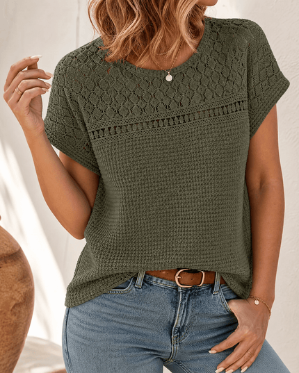 Women's Crochet Yoke Waffle Knit Short Sleeve Top
