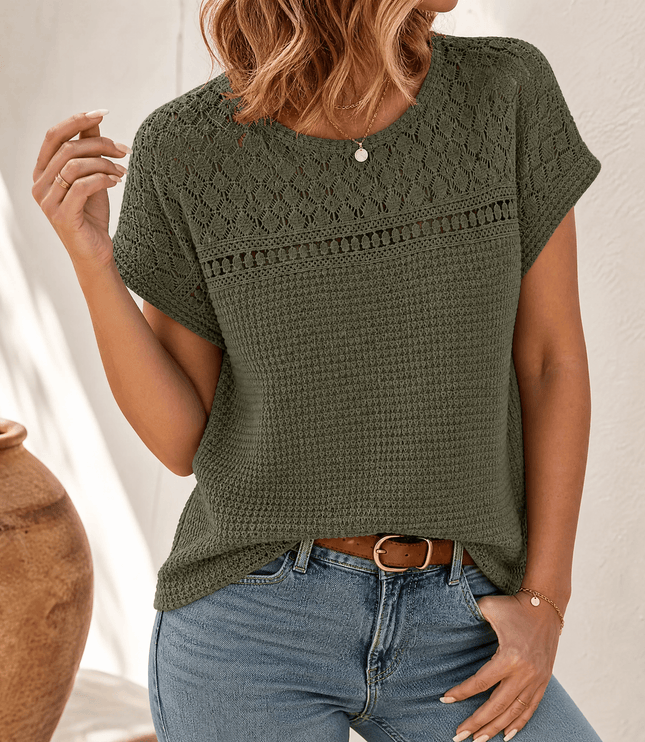 Women's Crochet Yoke Waffle Knit Short Sleeve Top