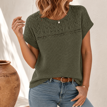 Women's Crochet Yoke Waffle Knit Short Sleeve Top