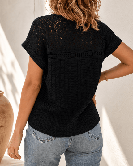 Women's Crochet Yoke Waffle Knit Short Sleeve Top