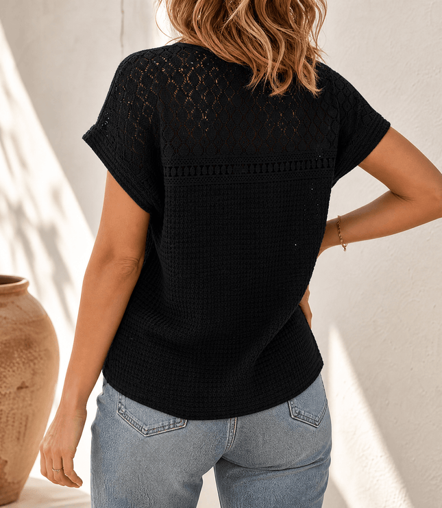 Women's Crochet Yoke Waffle Knit Short Sleeve Top