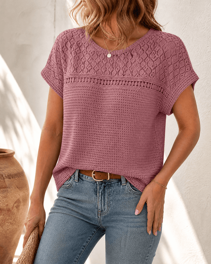 Women's Crochet Yoke Waffle Knit Short Sleeve Top
