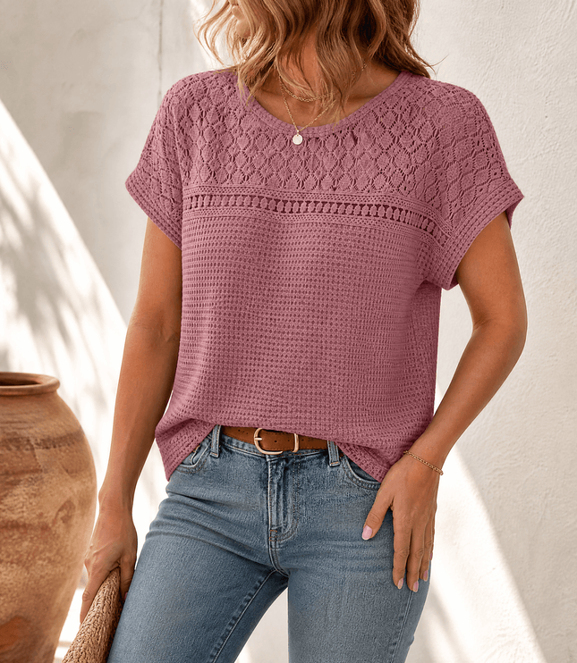 Women's Crochet Yoke Waffle Knit Short Sleeve Top