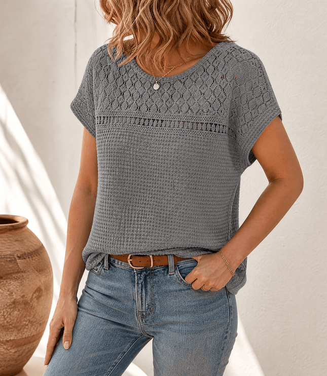 Women's Crochet Yoke Waffle Knit Short Sleeve Top