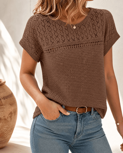 Women's Crochet Yoke Waffle Knit Short Sleeve Top