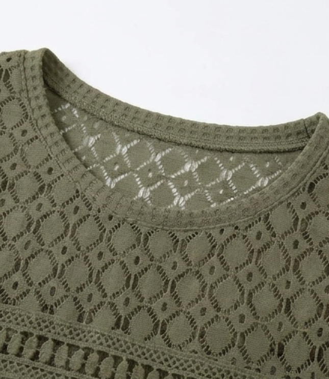 Women's Crochet Yoke Waffle Knit Short Sleeve Top