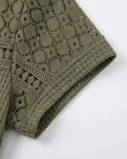 Women's Crochet Yoke Waffle Knit Short Sleeve Top