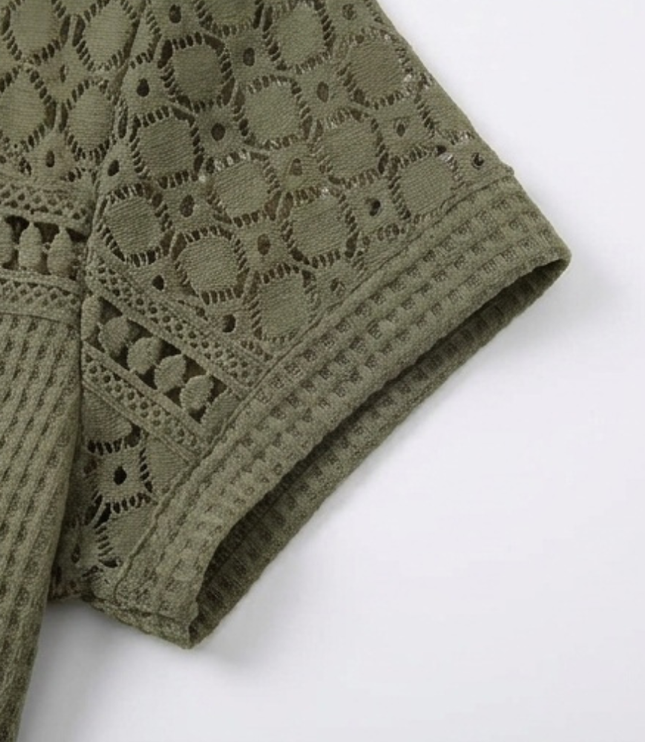 Women's Crochet Yoke Waffle Knit Short Sleeve Top