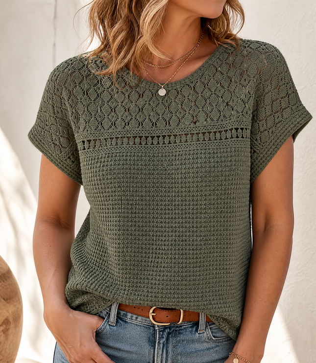 Women's Crochet Yoke Waffle Knit Short Sleeve Top