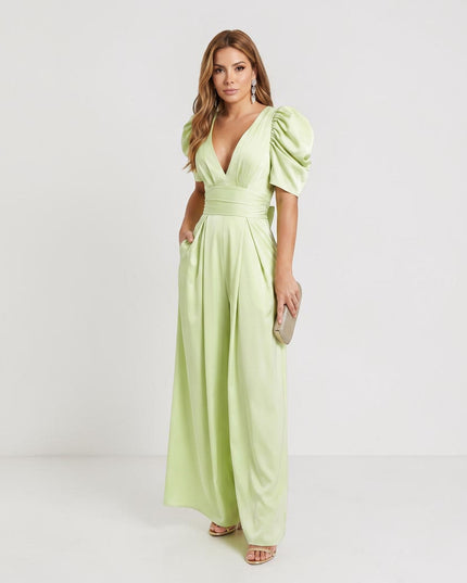 Light green wide leg jumpsuit with puff sleeves, deep V-neck, and soft drape