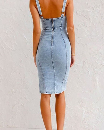 Women's Denim Sleeveless Bodycon Split Midi Dress