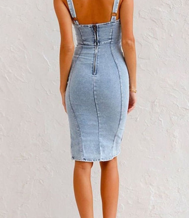 Women's Denim Sleeveless Bodycon Split Midi Dress