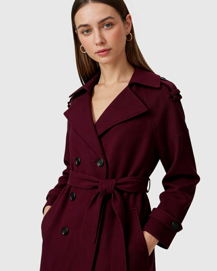 Women's Double Breasted Burgundy Longline Trench Coat