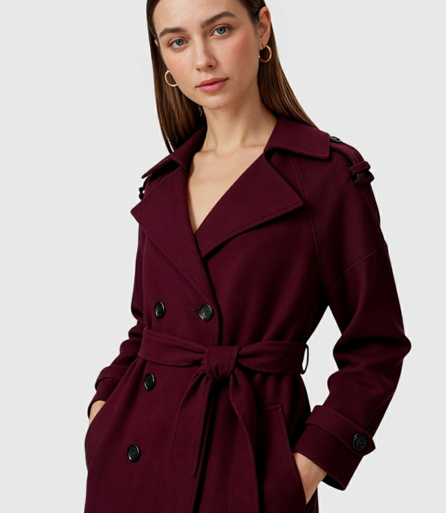 Women's Double Breasted Burgundy Longline Trench Coat