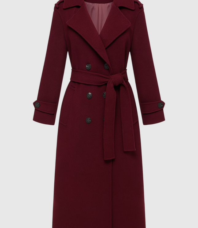 Women's Double Breasted Burgundy Longline Trench Coat
