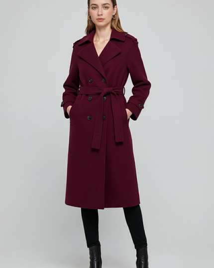 Women's Double Breasted Burgundy Longline Trench Coat