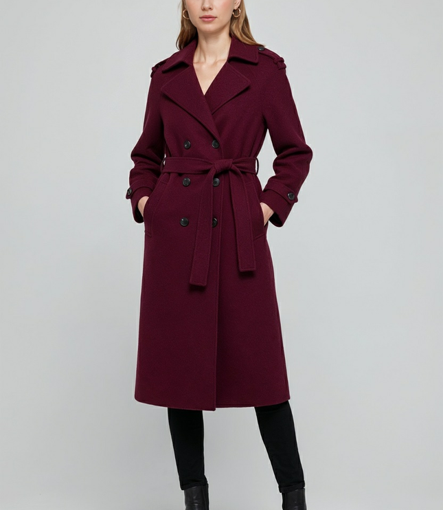 Women's Double Breasted Burgundy Longline Trench Coat