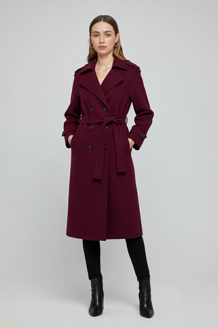 Women's Double Breasted Burgundy Longline Trench Coat