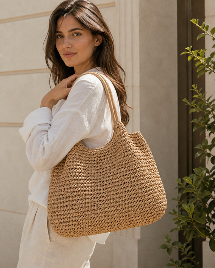 Women's Double-Handle Straw Tote in Khaki