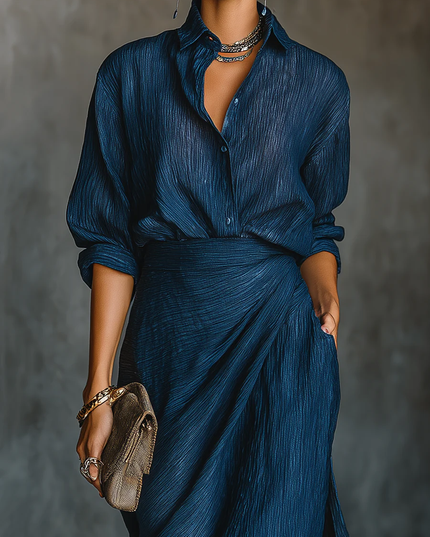 Women's Draped Collared Long Sleeve Two-Piece Maxi Set