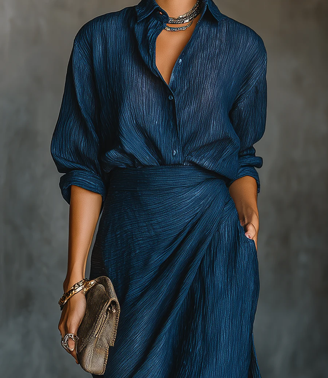 Women's Draped Collared Long Sleeve Two-Piece Maxi Set