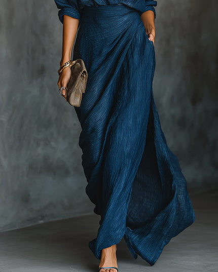 Women's Draped Collared Long Sleeve Two-Piece Maxi Set