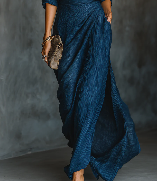 Women's Draped Collared Long Sleeve Two-Piece Maxi Set