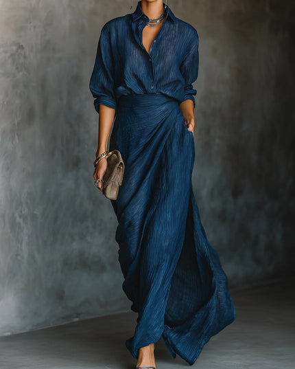 Women's Draped Collared Long Sleeve Two-Piece Maxi Set