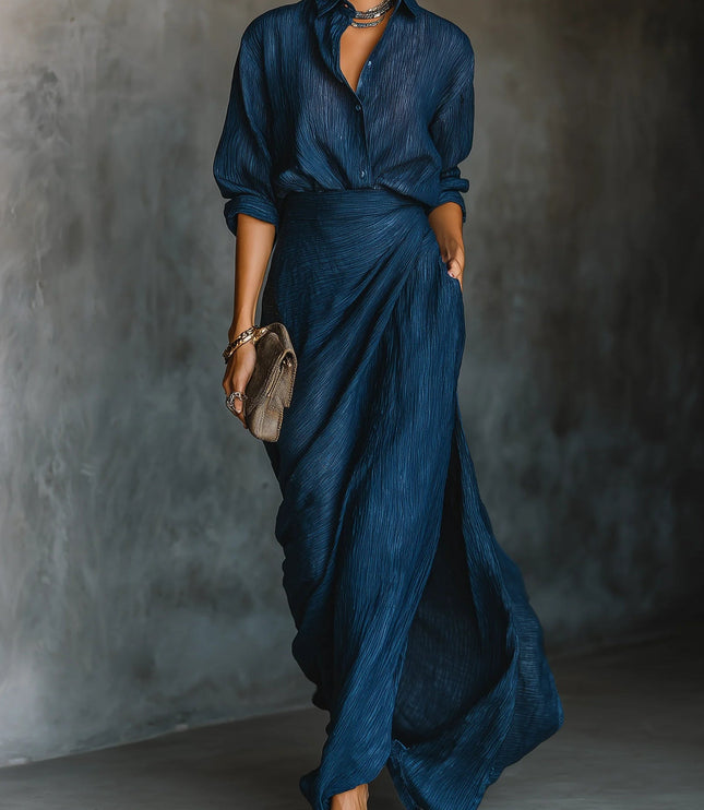 Women's Draped Collared Long Sleeve Two-Piece Maxi Set