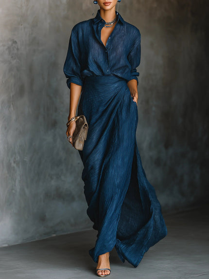 Women's Draped Collared Long Sleeve Two-Piece Maxi Set