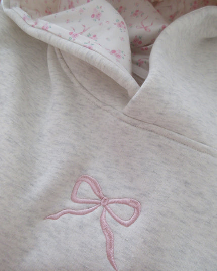 Women's Embroidered Bow Hoodie with a Floral-Lined Hood