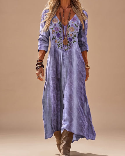 Women's Embroidered Long Sleeve V Neck Boho Maxi Dress