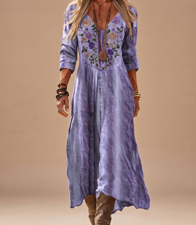 Women's Embroidered Long Sleeve V Neck Boho Maxi Dress