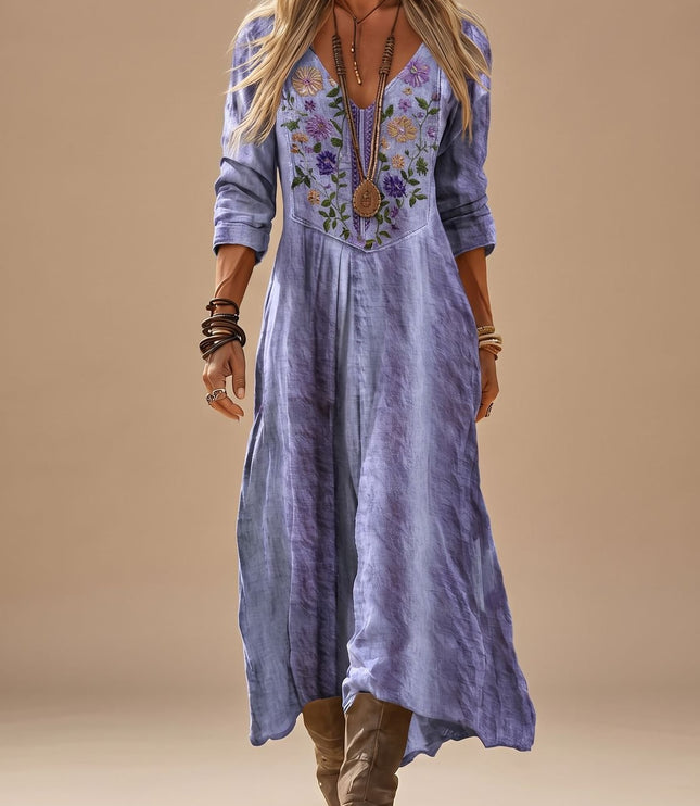 Women's Embroidered Long Sleeve V Neck Boho Maxi Dress