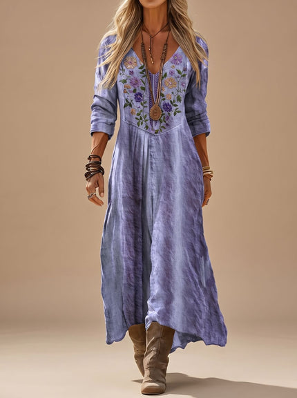 Women's Embroidered Long Sleeve V Neck Boho Maxi Dress