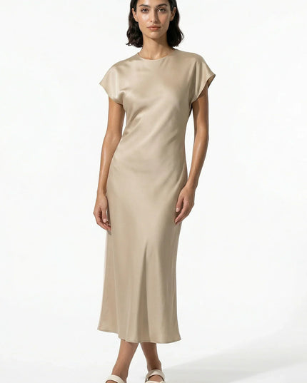 Cream satin midi dress styled with cap sleeves and a clean minimalist fit