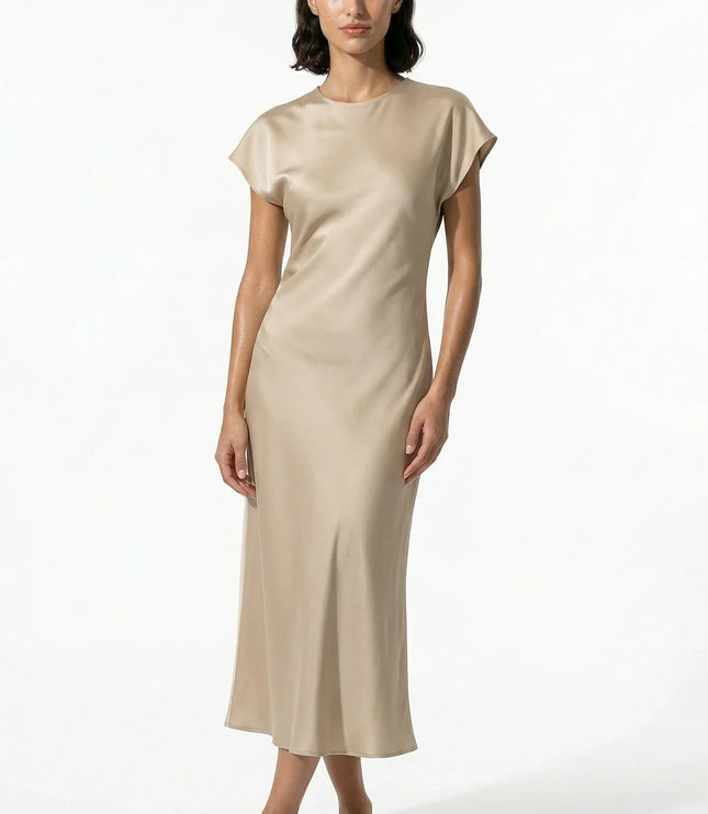 Cream satin midi dress styled with cap sleeves and a clean minimalist fit