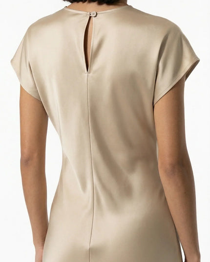 Back view of beige satin midi dress with short sleeves and keyhole button closure