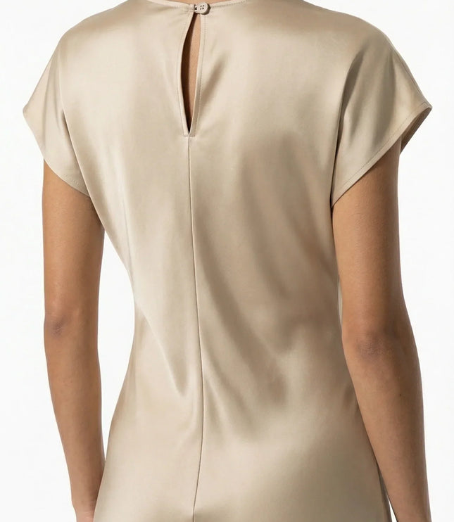 Back view of beige satin midi dress with short sleeves and keyhole button closure