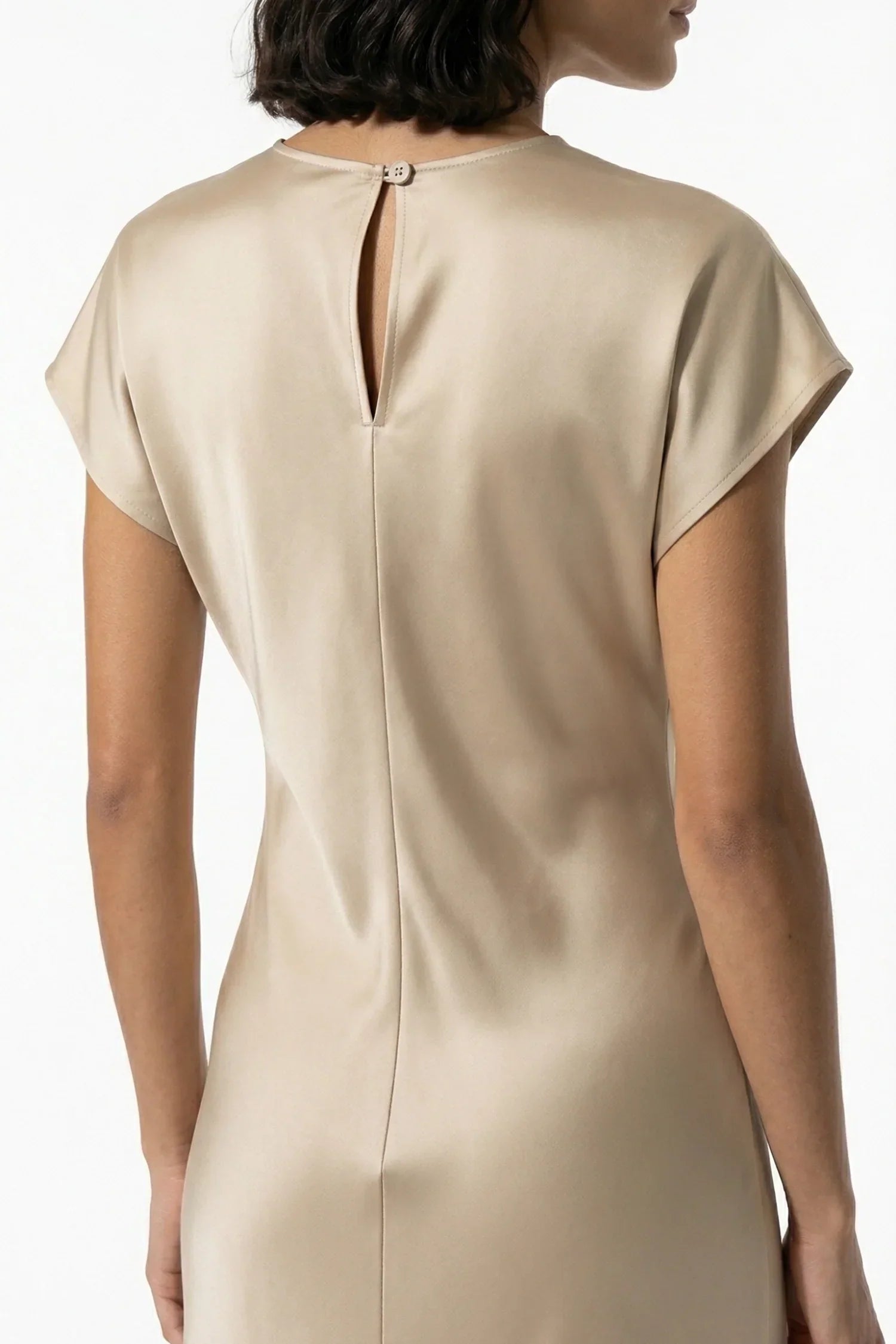 Back view of beige satin midi dress with short sleeves and keyhole button closure