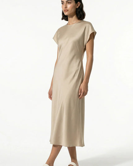 Full length beige satin midi dress with relaxed short sleeves and straight silhouette