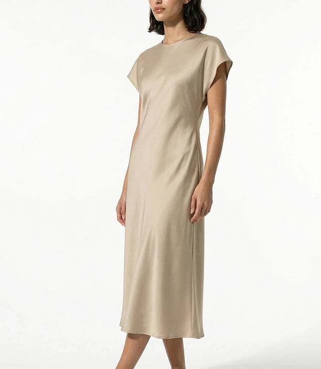 Full length beige satin midi dress with relaxed short sleeves and straight silhouette