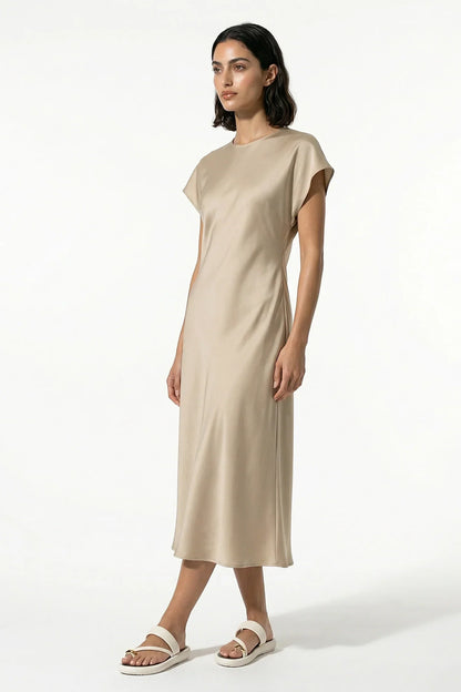 Full length beige satin midi dress with relaxed short sleeves and straight silhouette