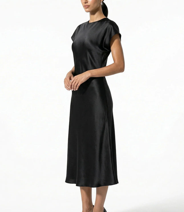 Side view of black satin midi dress with cap sleeves and midi length