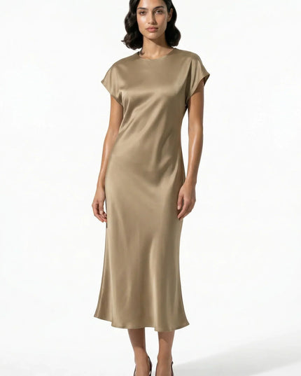 Taupe satin midi dress with cap sleeves and a fluid fitted silhouette