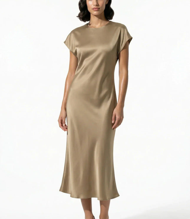 Taupe satin midi dress with cap sleeves and a fluid fitted silhouette