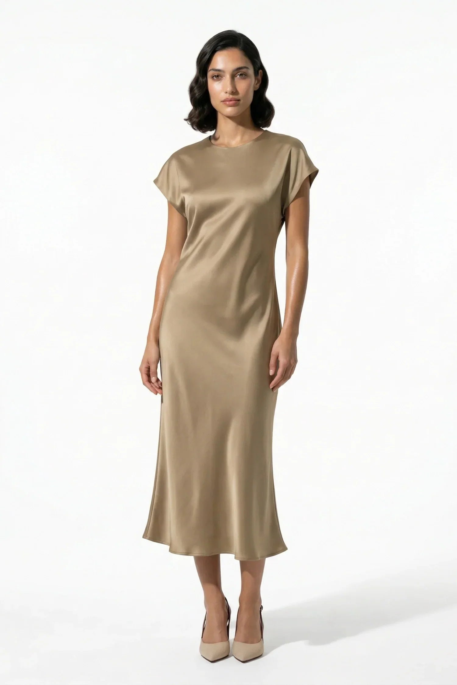 Taupe satin midi dress with cap sleeves and a fluid fitted silhouette