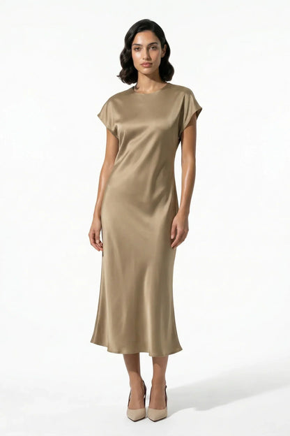 Taupe satin midi dress with cap sleeves and a fluid fitted silhouette