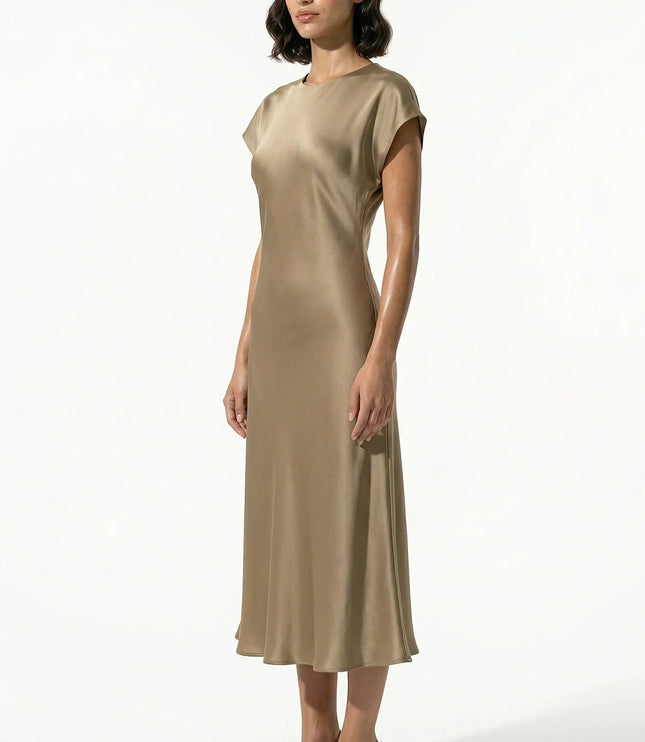 Side view of taupe satin midi dress with relaxed cap sleeves and midi hem