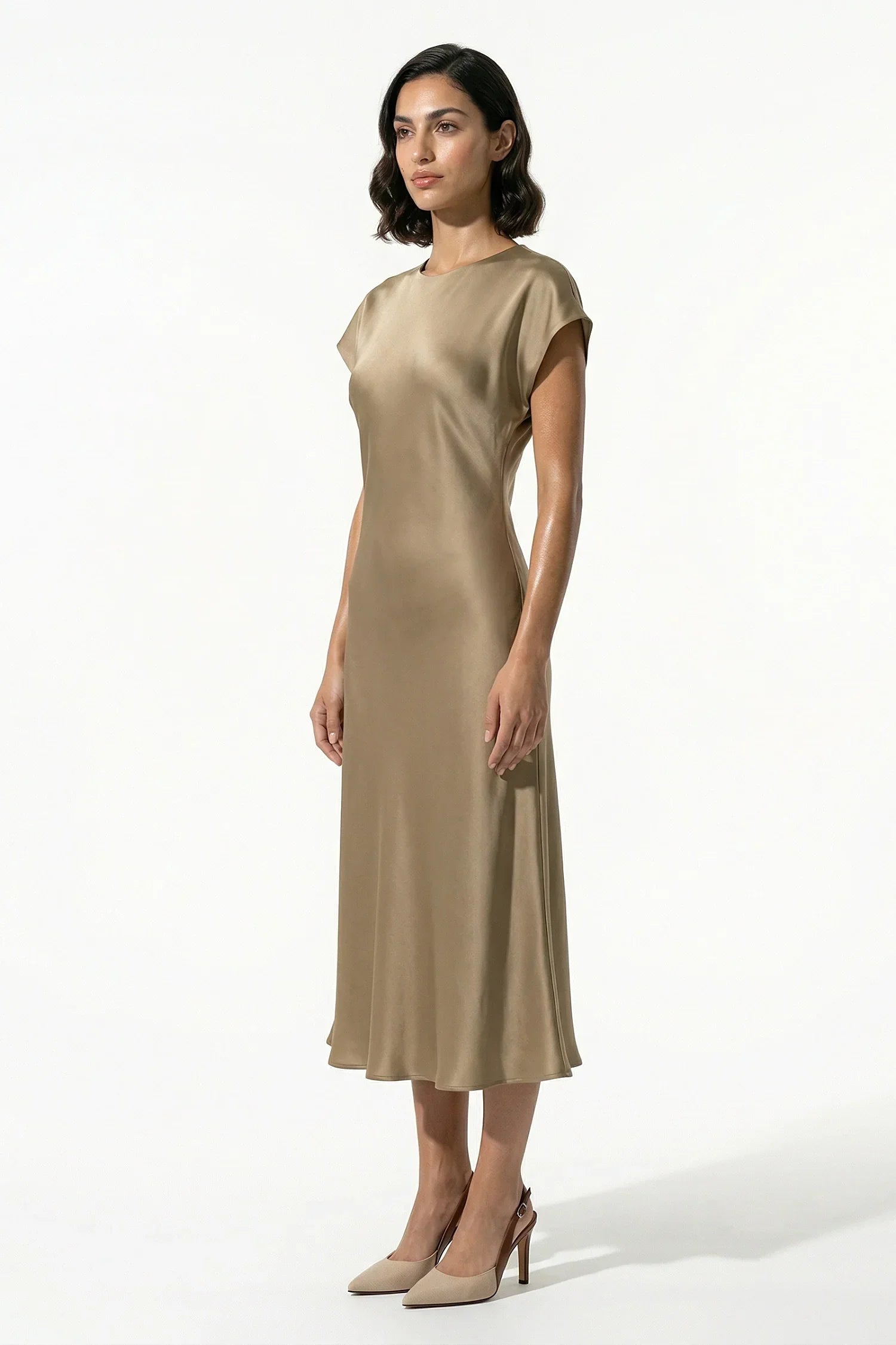 Side view of taupe satin midi dress with relaxed cap sleeves and midi hem